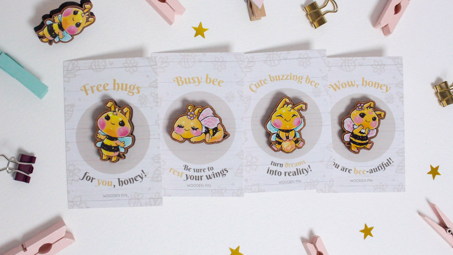 Bee Wooden Pin with Inspirational Quote - Free Hugs - Cute 3 cm Bee Motif Pins - Charenji