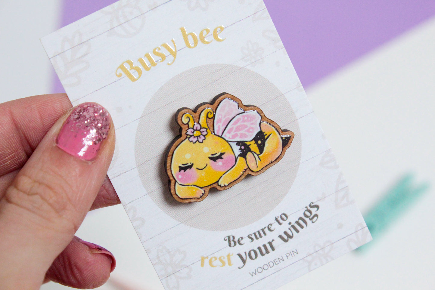 Bee Wooden Pin with Inspirational Quote - Rest your wings, busy bee - Cute 3 cm Bee Motif Pins - Charenji
