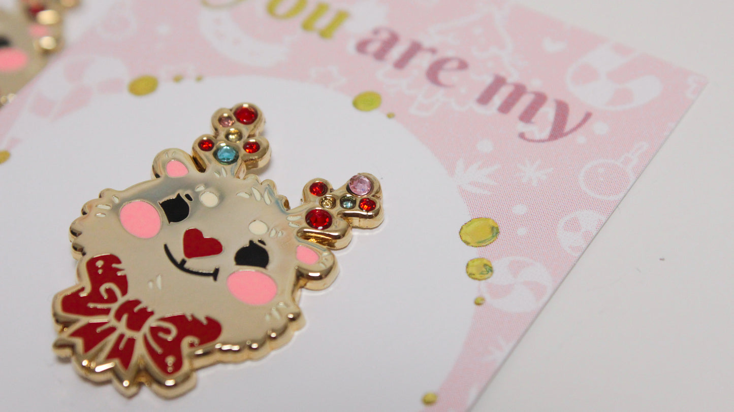 Reindeer enamel pin - Gold with colorful rhinestones - For a bright Christmas Party - Charenji