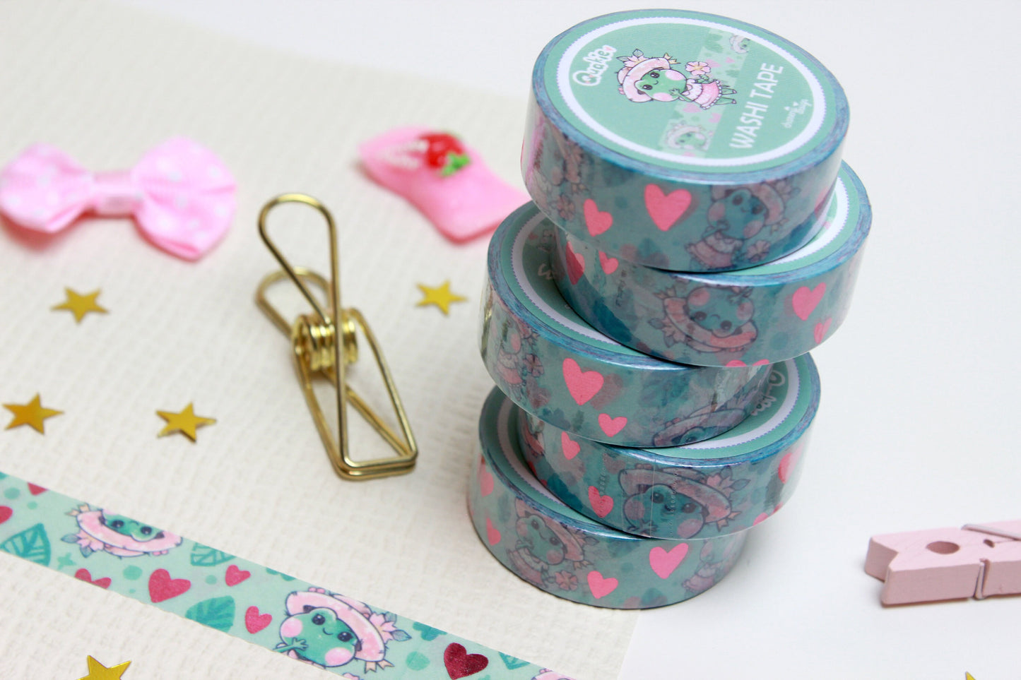 Green "Quakie the frog" Washi Tape with pink metal hearts - Charenji