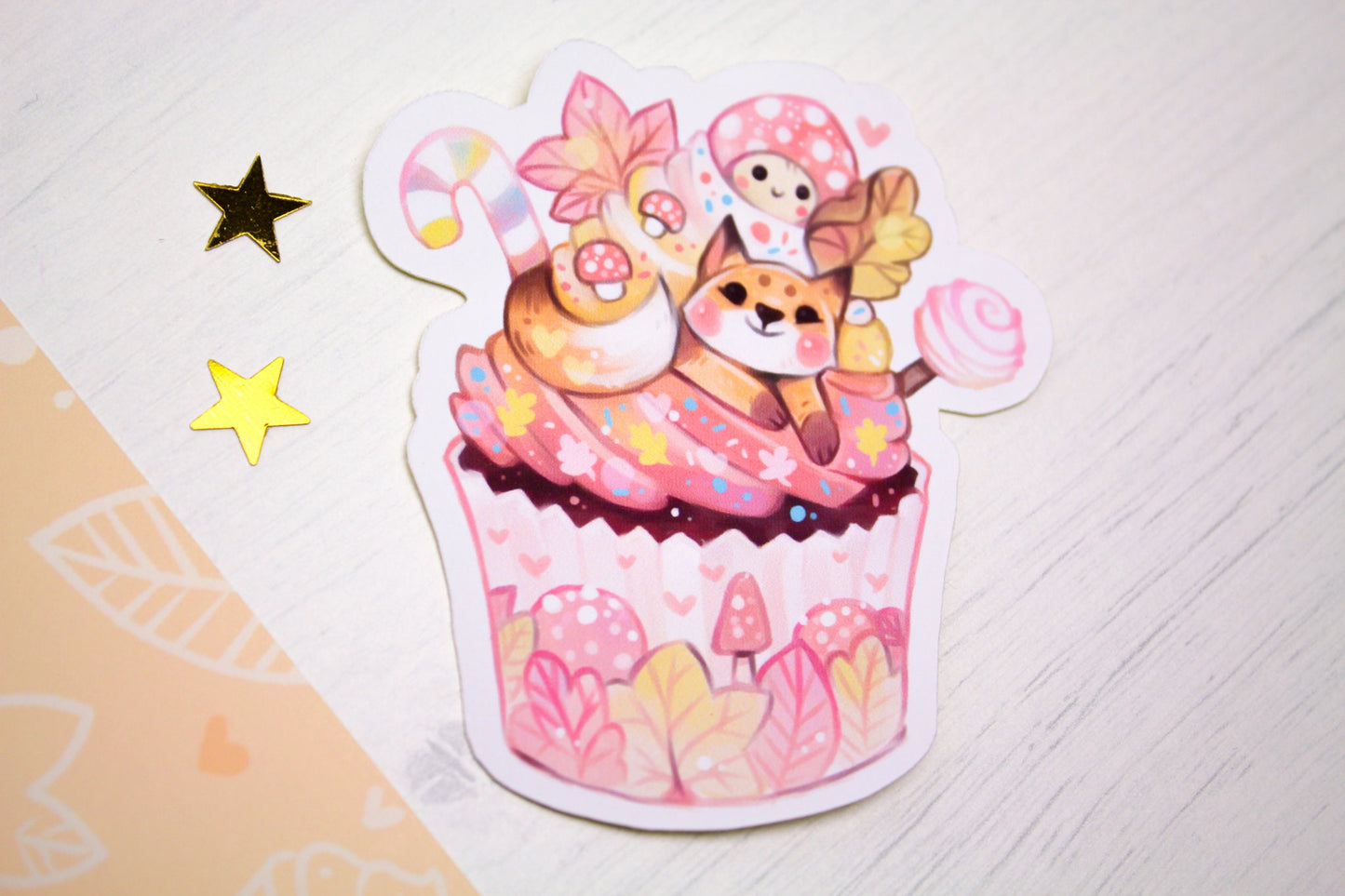 Autumn Cupcake with Baby Fox - Paper or Vinyl STICKER - Charenji