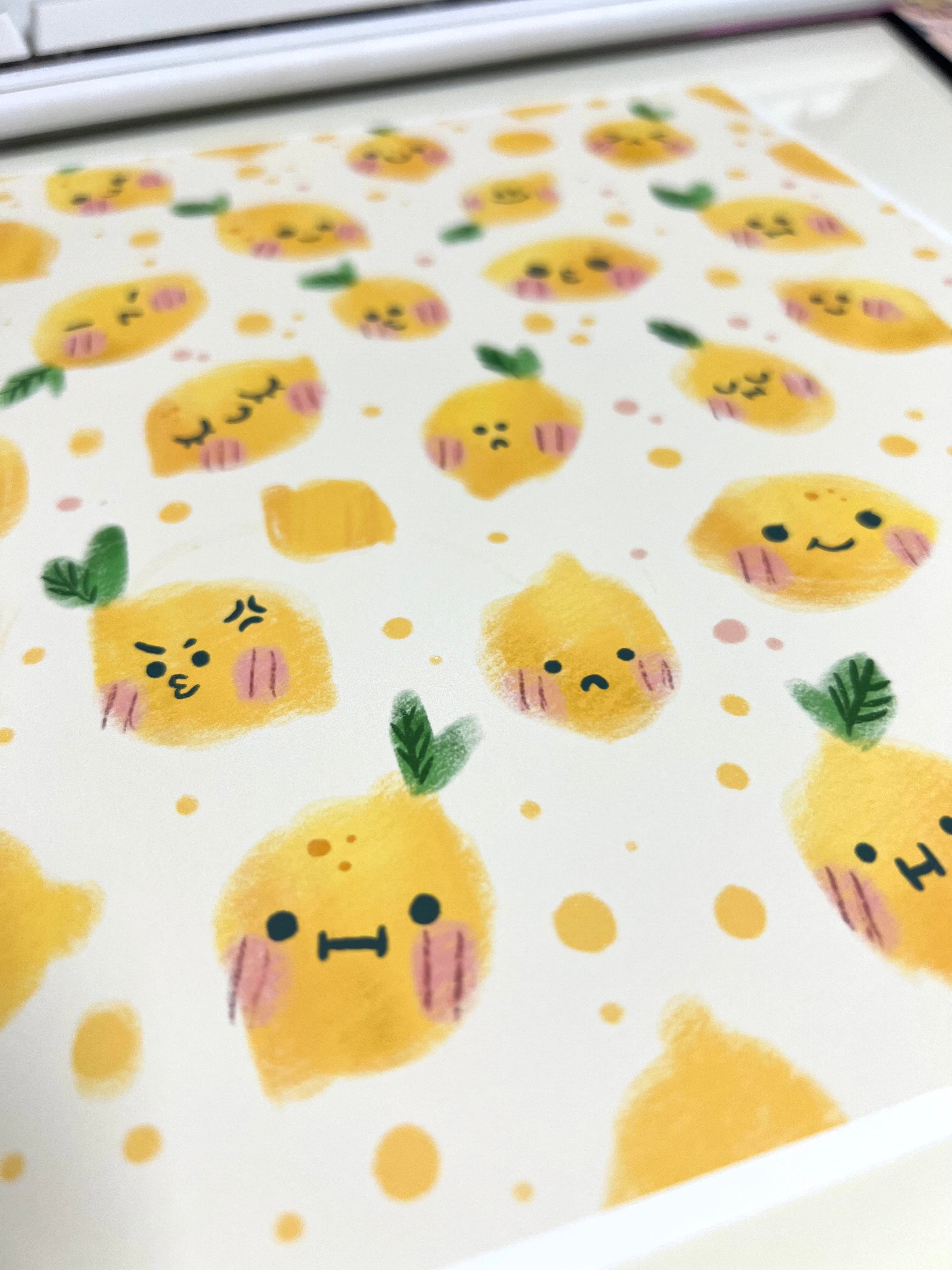 Cute Lemon Print – Funny Yellow Wall Art Illustration with Different Moods – Kawaii Fruit Decor – Happy Kitchen Art – 21x26 cm - Charenji