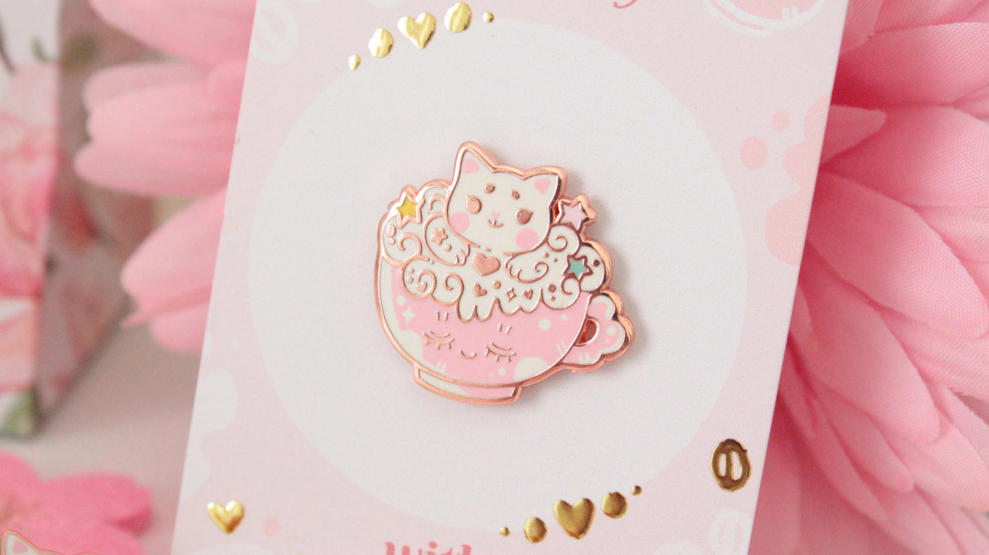 Catpuccino Enamel Pin - Start your day with catpuccino - Cute cat pin - rosé gold - Charenji