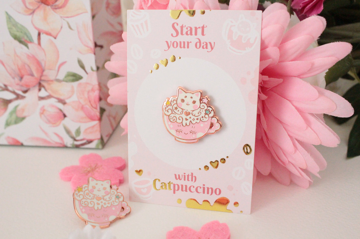 Catpuccino Enamel Pin - Start your day with catpuccino - Cute cat pin - rosé gold - Charenji
