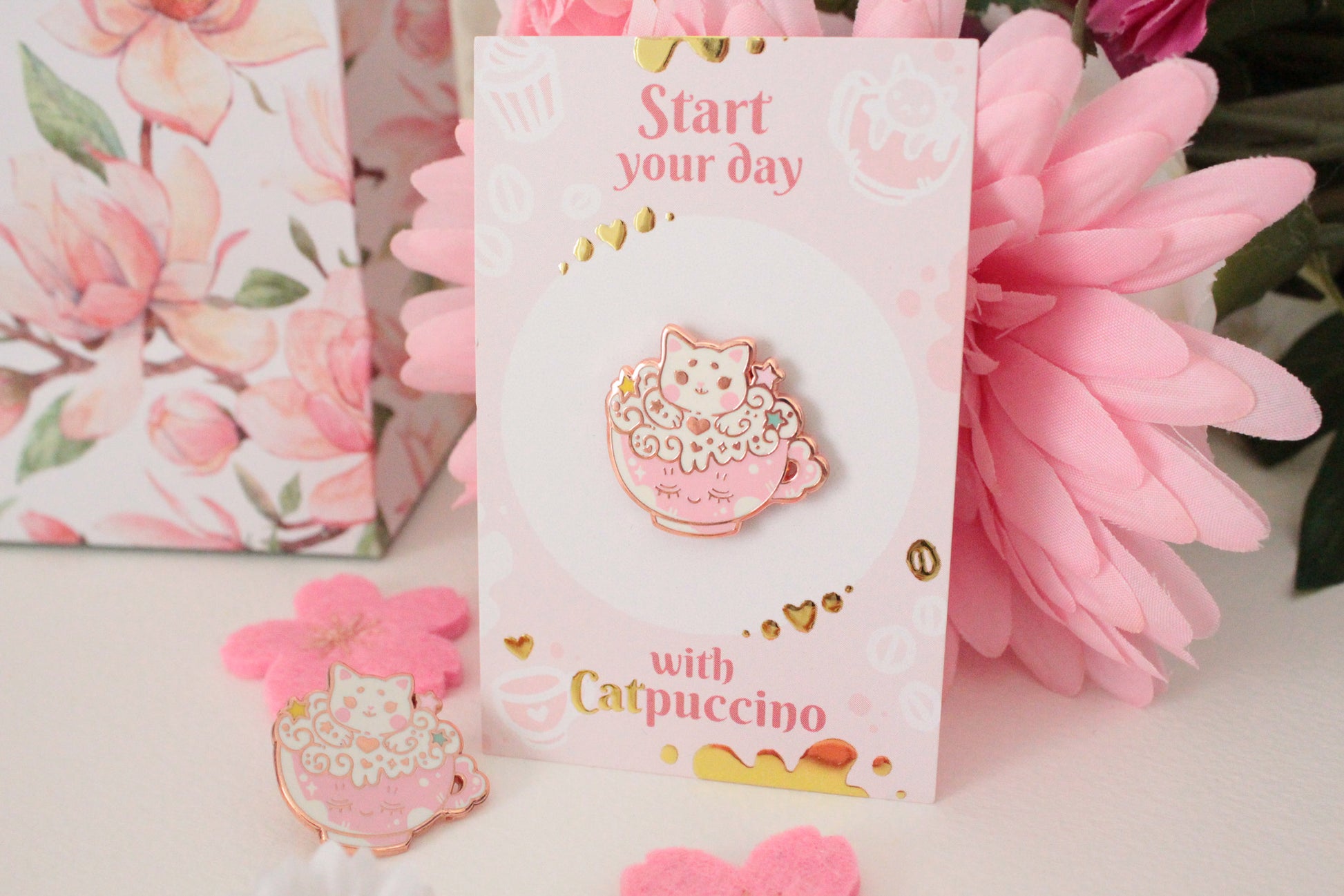 Catpuccino Enamel Pin - Start your day with catpuccino - Cute cat pin - rosé gold - Charenji