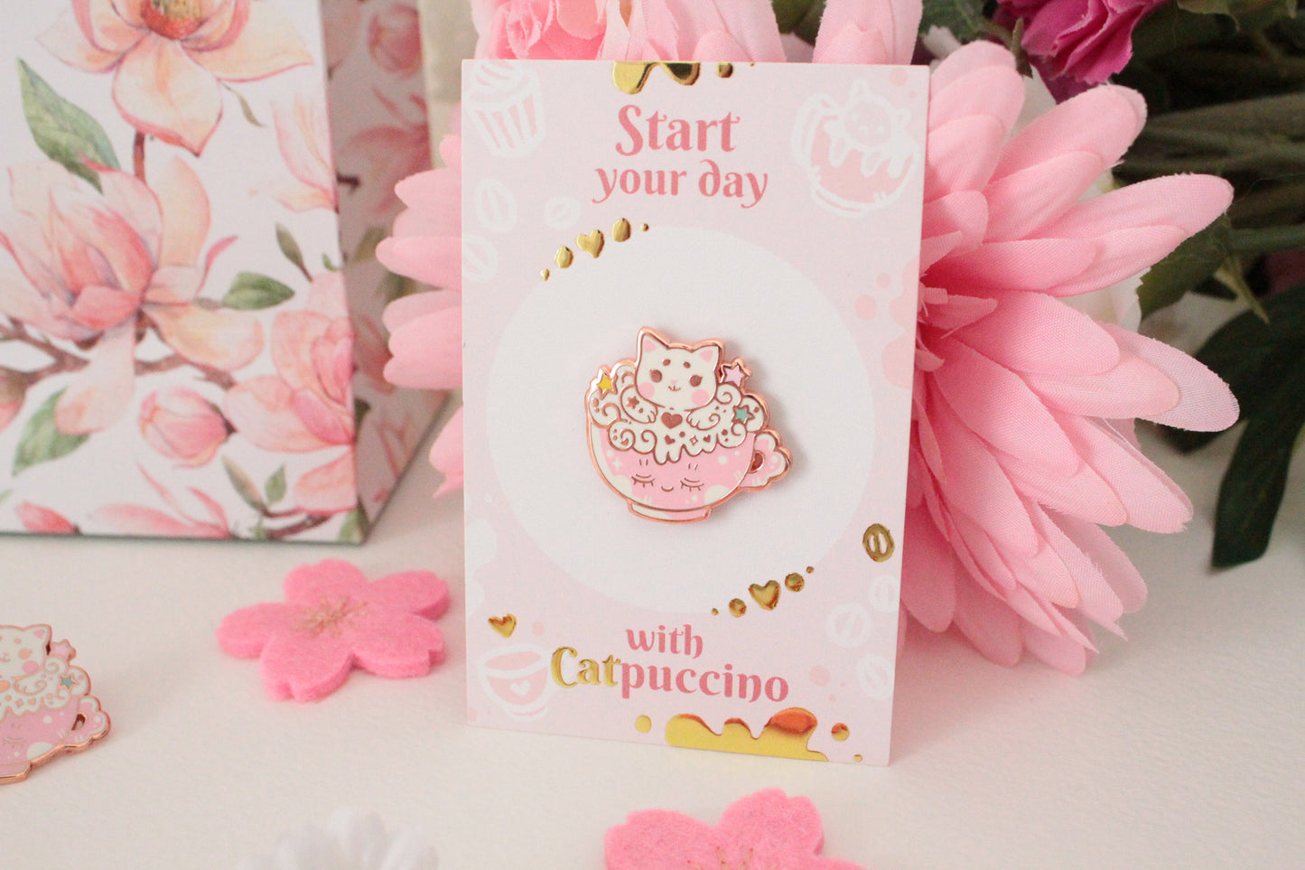 Catpuccino Enamel Pin - Start your day with catpuccino - Cute cat pin - rosé gold - Charenji