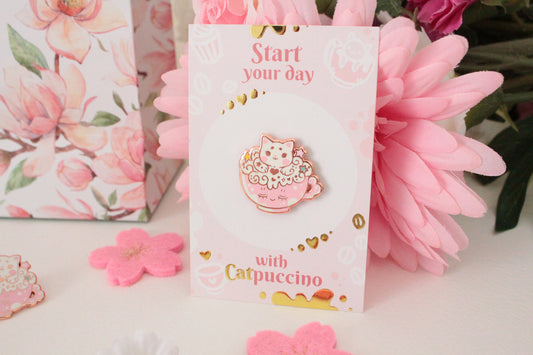 Catpuccino Enamel Pin - Start your day with catpuccino - Cute cat pin - rosé gold - Charenji