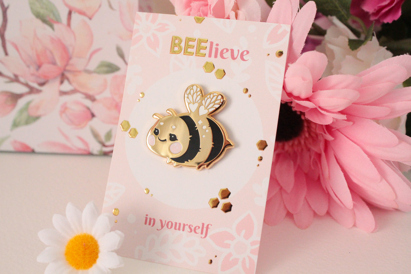 Cute and shiny bumblebee enamel pin "Honey" - Believe in Yourself - with glossy backing card - Charenji