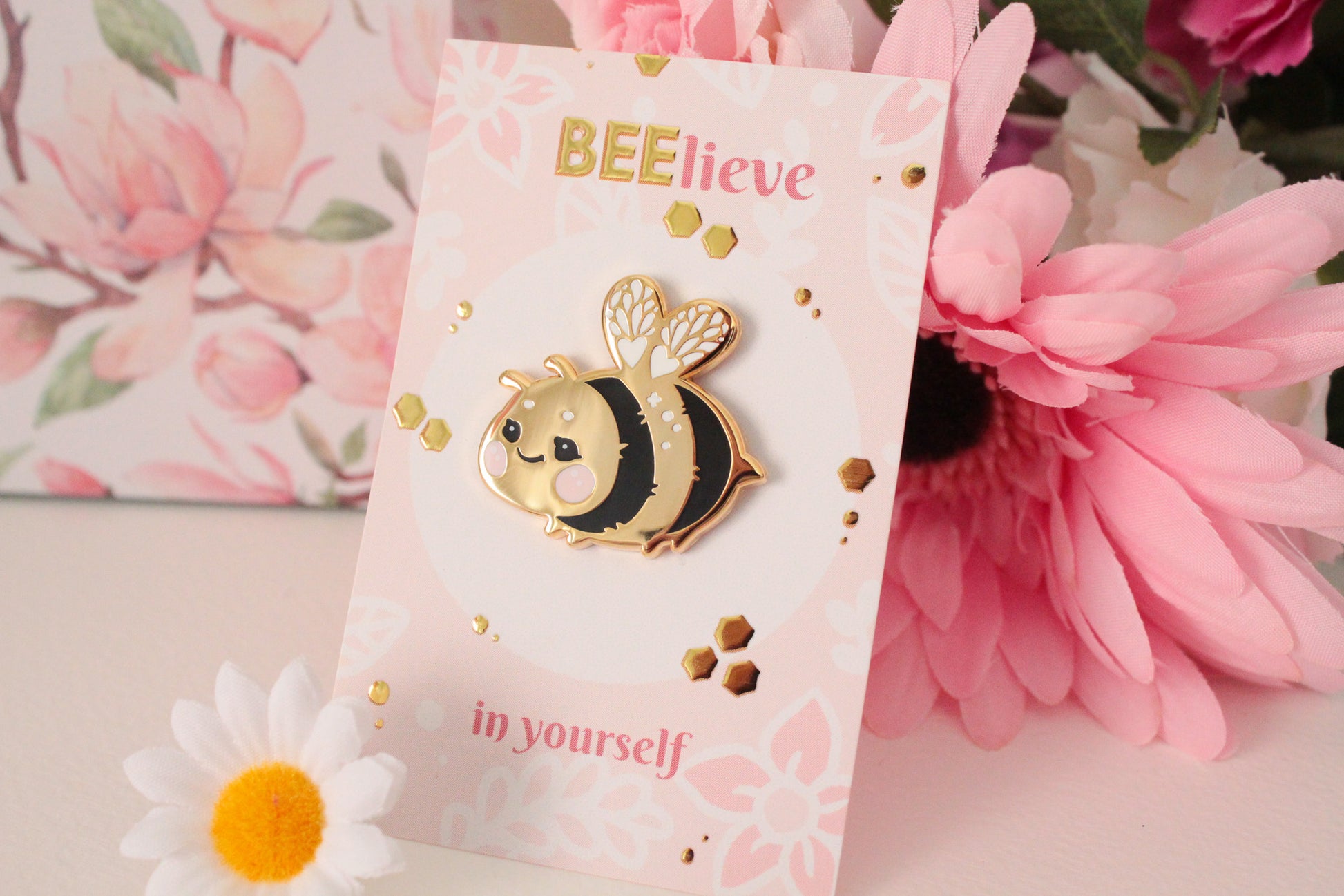 Cute and shiny bumblebee enamel pin "Honey" - Believe in Yourself - with glossy backing card - Charenji
