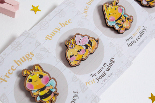 Bee Wooden Pin with Inspirational Quote - Rest your wings, busy bee - Cute 3 cm Bee Motif Pins - Charenji