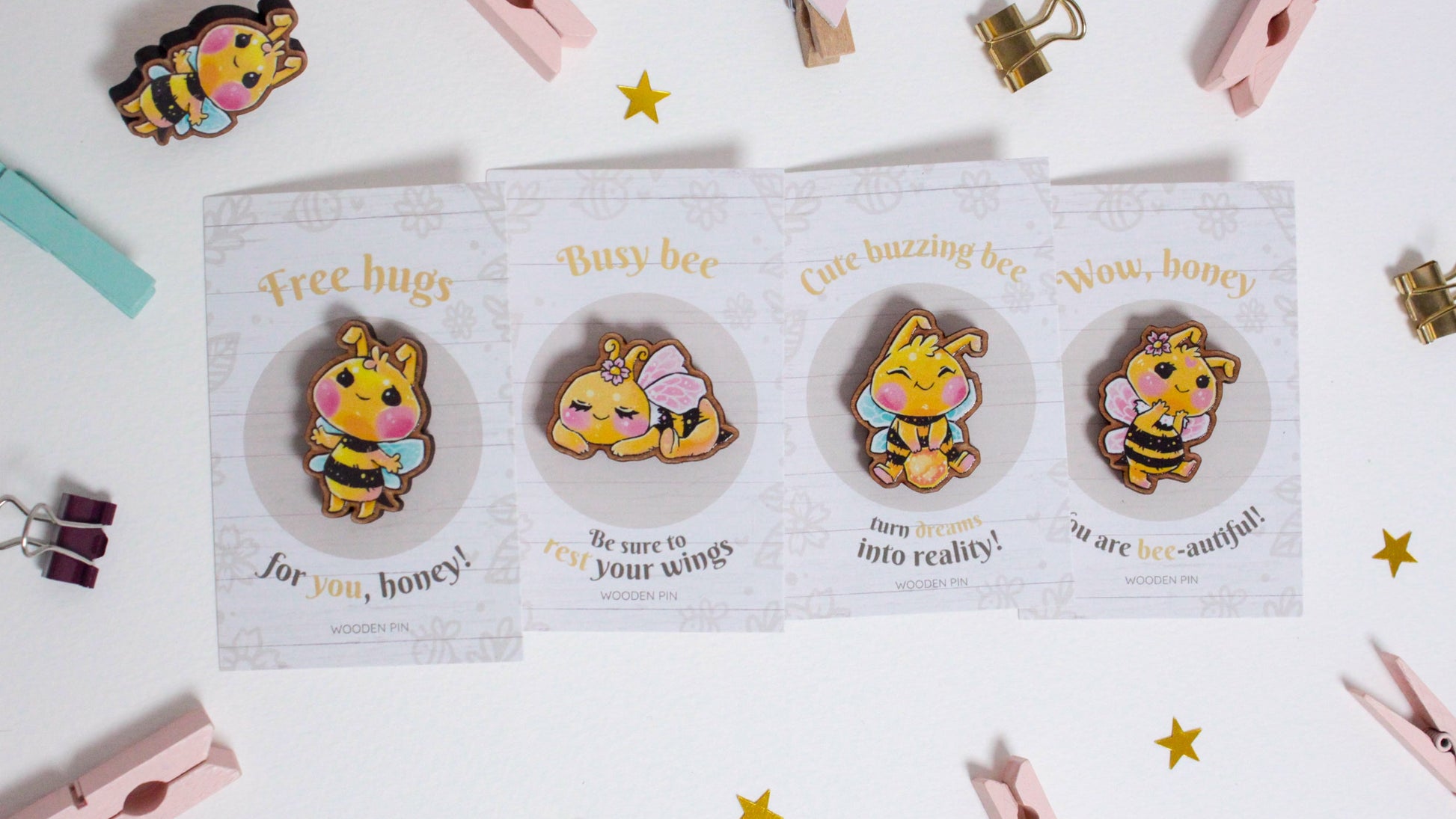 Bee Wooden Pin with Inspirational Quote - Free Hugs - Cute 3 cm Bee Motif Pins - Charenji