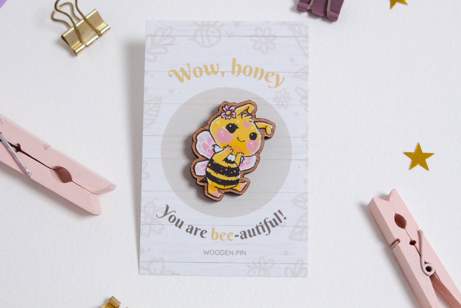 Bee Wooden Pin with Inspirational Quote - You are bee-autiful - Cute 3 cm Bee Motif Pins - Charenji