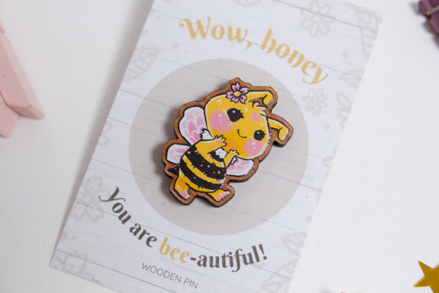 Bee Wooden Pin with Inspirational Quote - You are bee-autiful - Cute 3 cm Bee Motif Pins - Charenji
