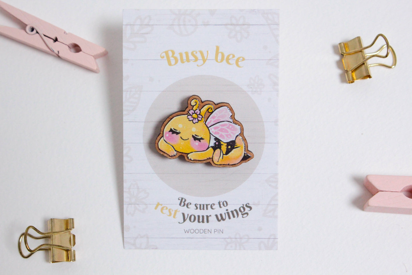 Bee Wooden Pin with Inspirational Quote - Rest your wings, busy bee - Cute 3 cm Bee Motif Pins - Charenji