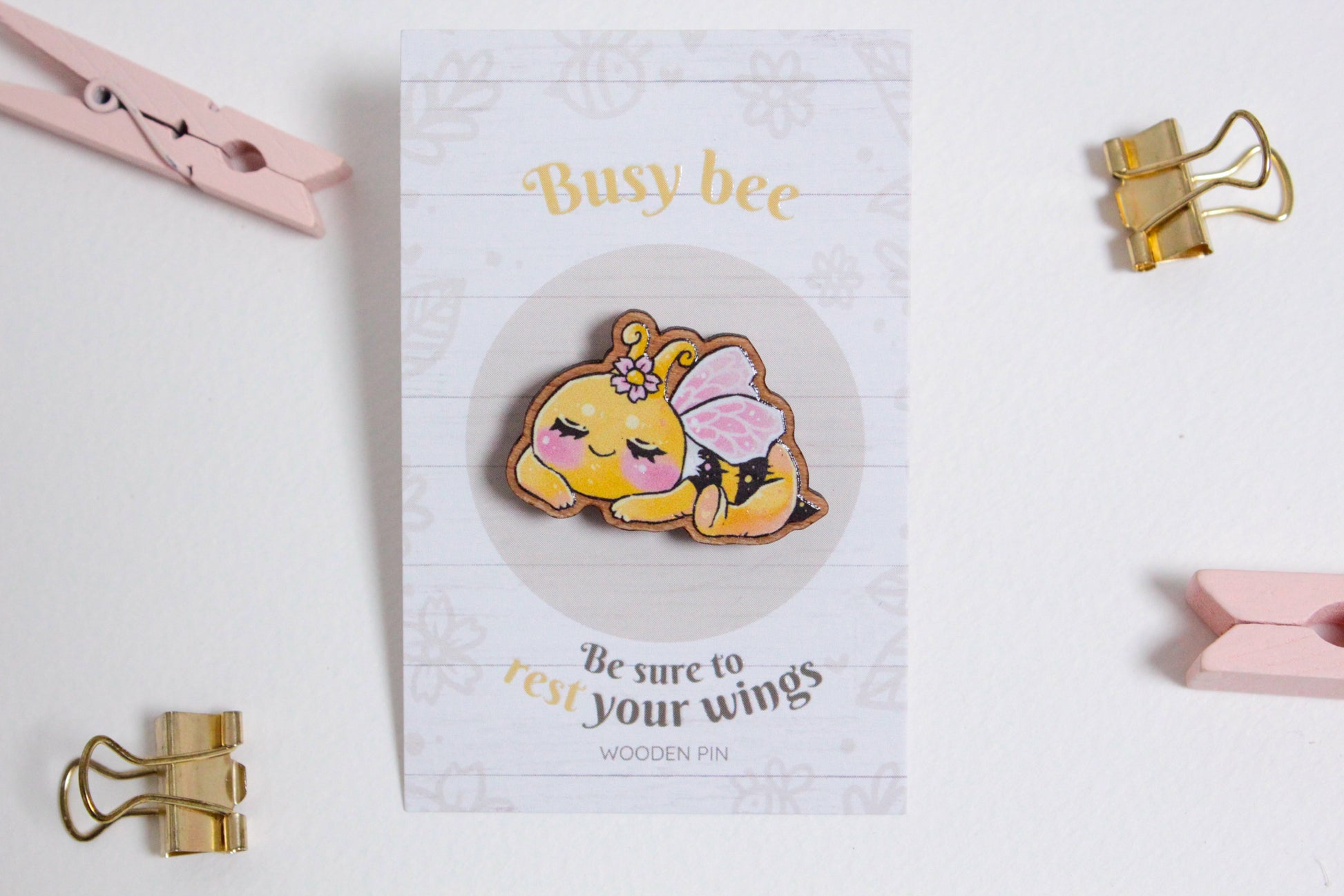 Bee Wooden Pin with Inspirational Quote - Rest your wings, busy bee - Cute 3 cm Bee Motif Pins - Charenji