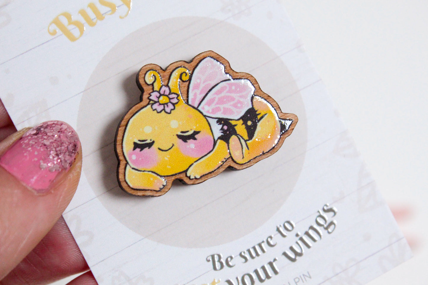 Bee Wooden Pin with Inspirational Quote - Rest your wings, busy bee - Cute 3 cm Bee Motif Pins - Charenji