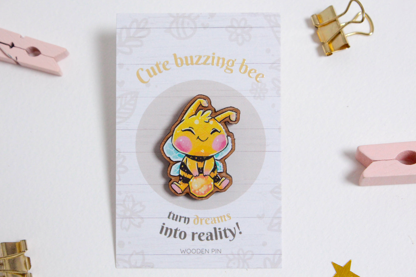 Bee Wooden Pin with Inspirational Quote - Create Your Reality - Cute 3 cm Bee Motif Pins - Charenji