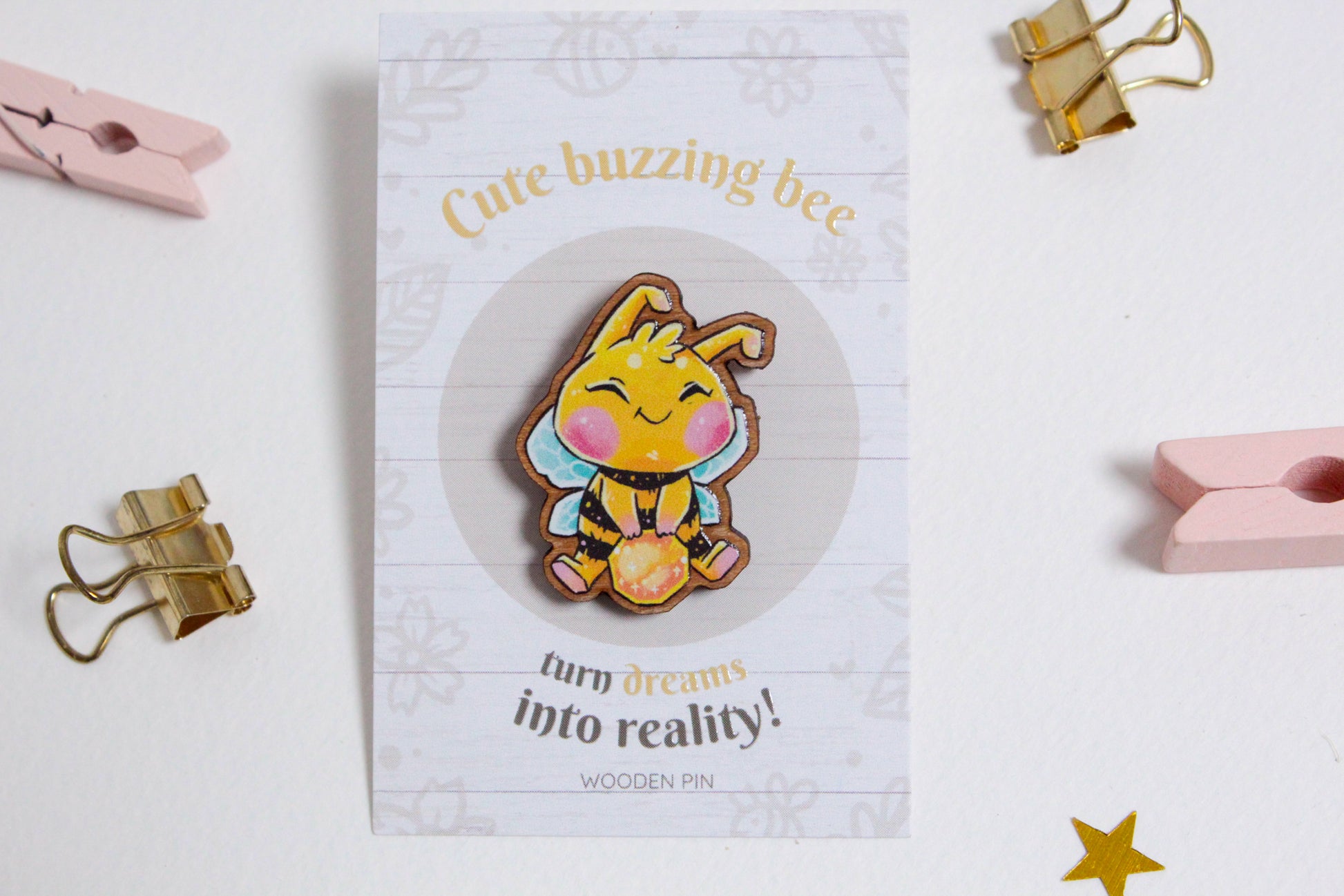 Bee Wooden Pin with Inspirational Quote - Create Your Reality - Cute 3 cm Bee Motif Pins - Charenji