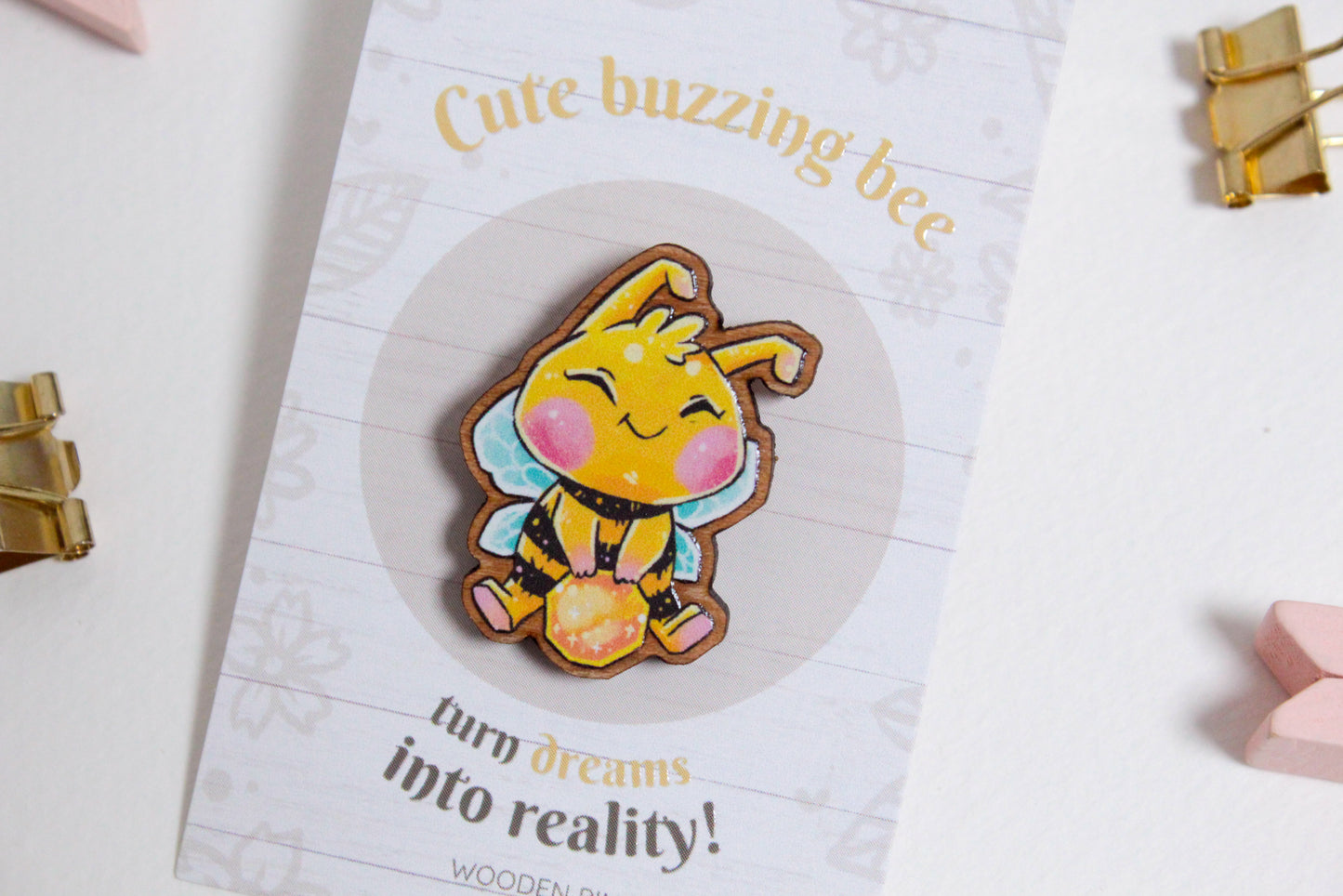 Bee Wooden Pin with Inspirational Quote - Create Your Reality - Cute 3 cm Bee Motif Pins - Charenji