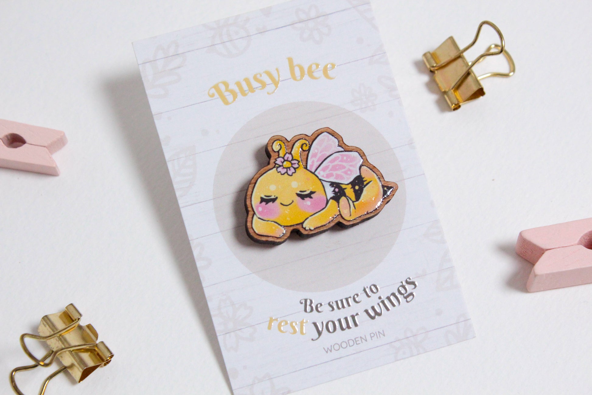 Bee Wooden Pin with Inspirational Quote - Rest your wings, busy bee - Cute 3 cm Bee Motif Pins - Charenji