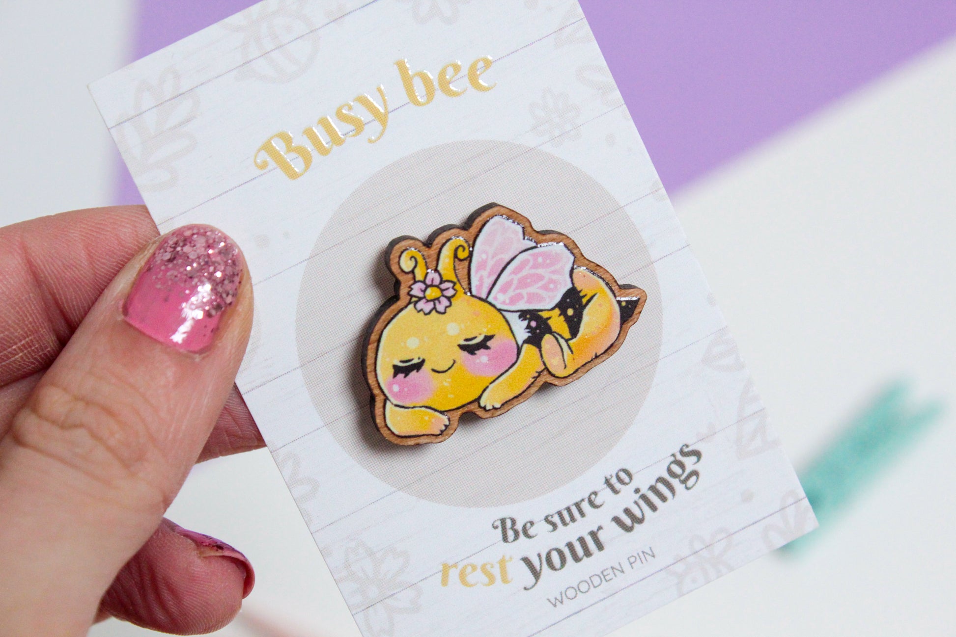 Bee Wooden Pin with Inspirational Quote - Rest your wings, busy bee - Cute 3 cm Bee Motif Pins - Charenji