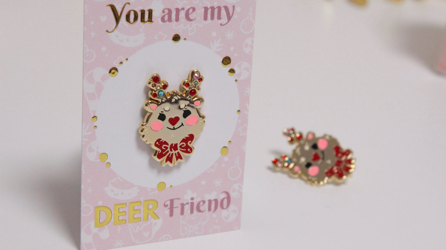 Reindeer enamel pin - Gold with colorful rhinestones - For a bright Christmas Party - Charenji