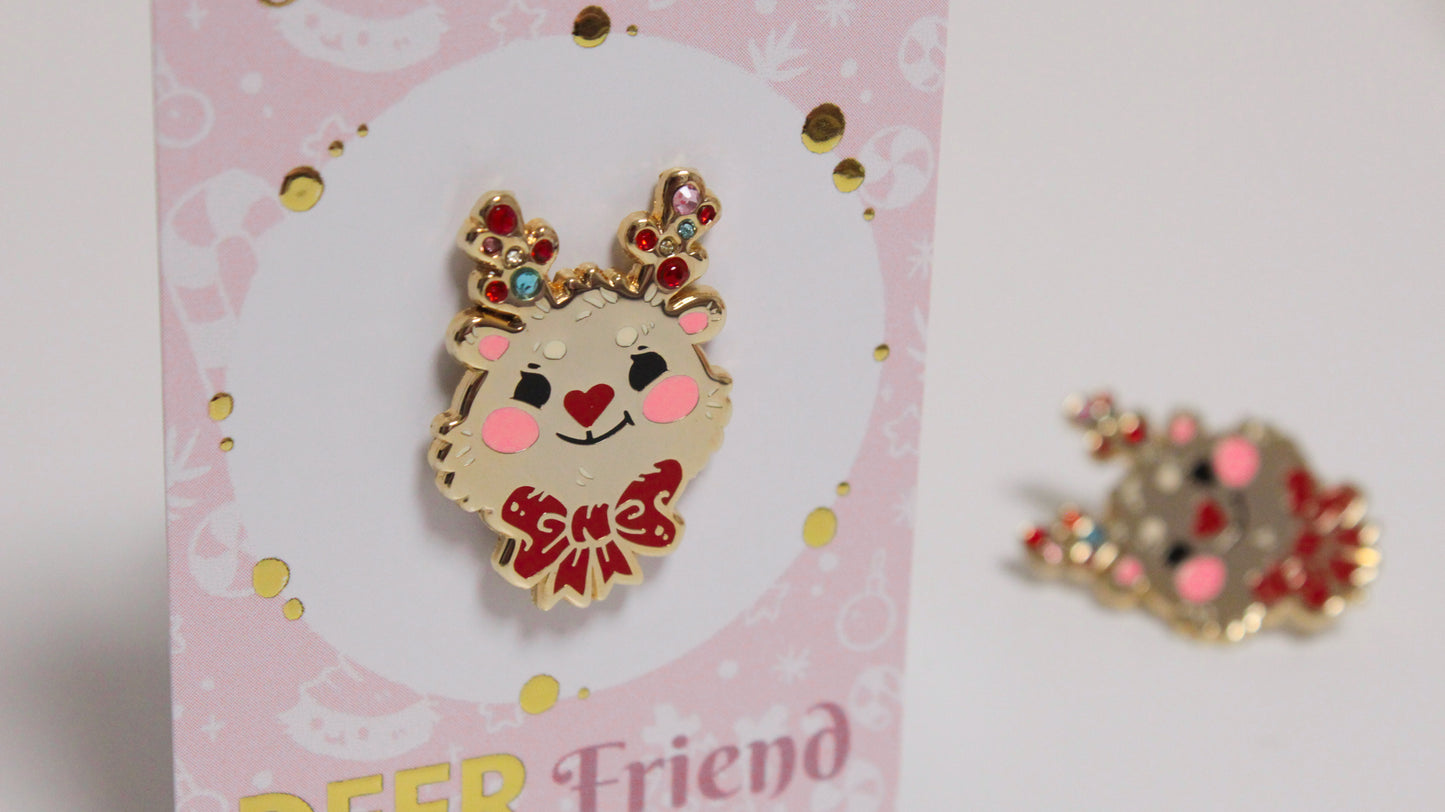 Reindeer enamel pin - Gold with colorful rhinestones - For a bright Christmas Party - Charenji