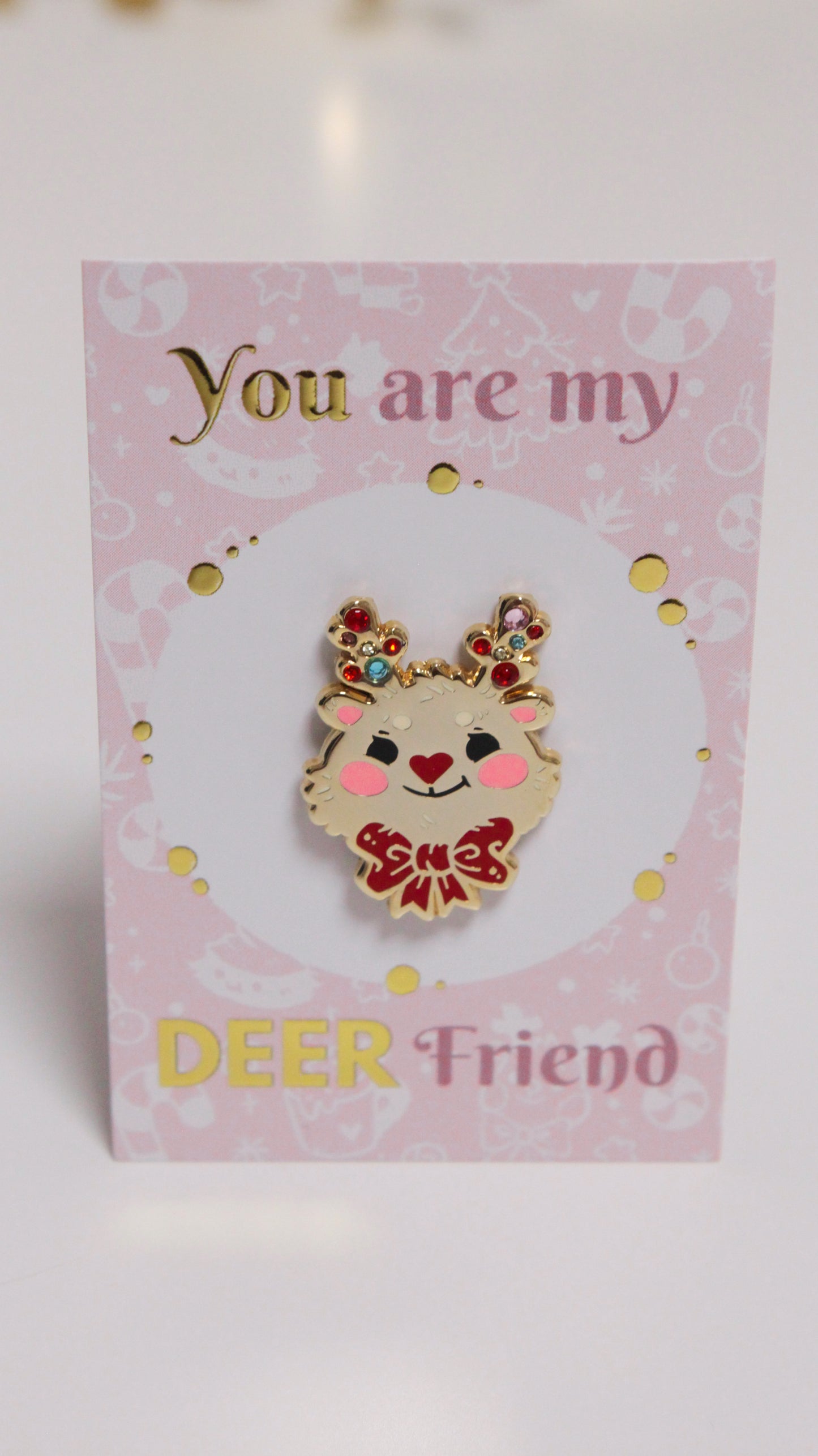 Reindeer enamel pin - Gold with colorful rhinestones - For a bright Christmas Party - Charenji