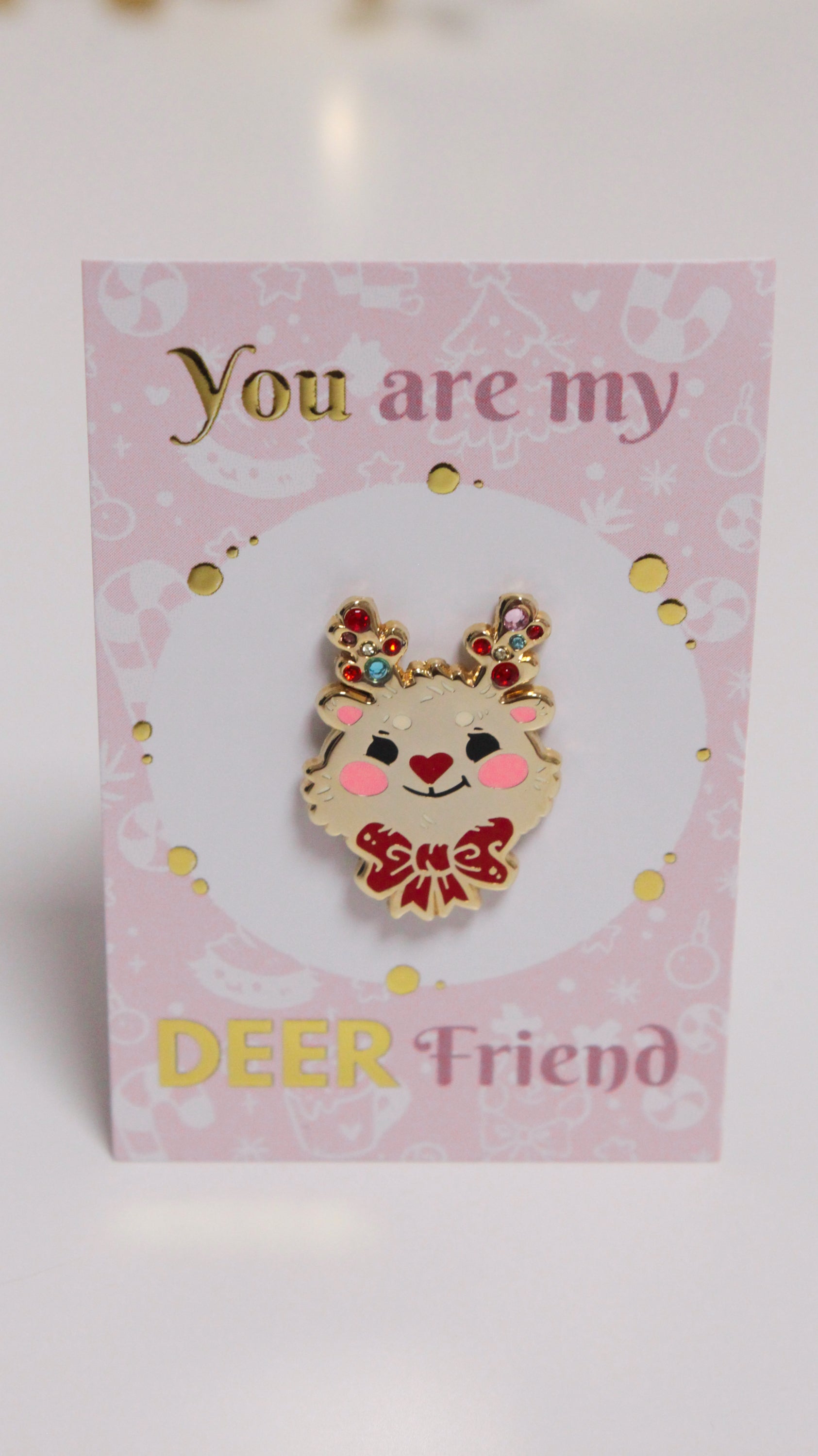 Reindeer enamel pin - Gold with colorful rhinestones - For a bright Christmas Party - Charenji