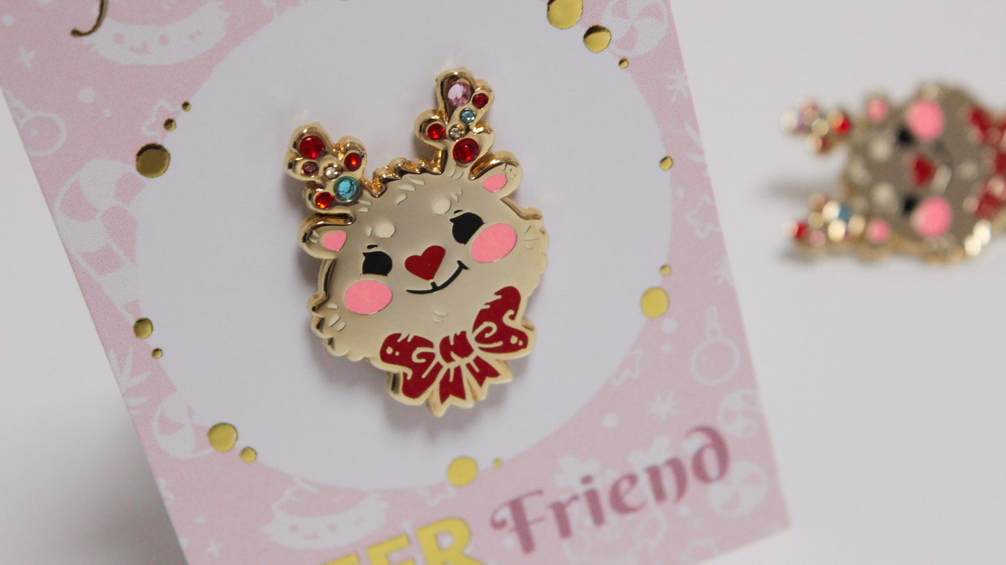 Reindeer enamel pin - Gold with colorful rhinestones - For a bright Christmas Party - Charenji