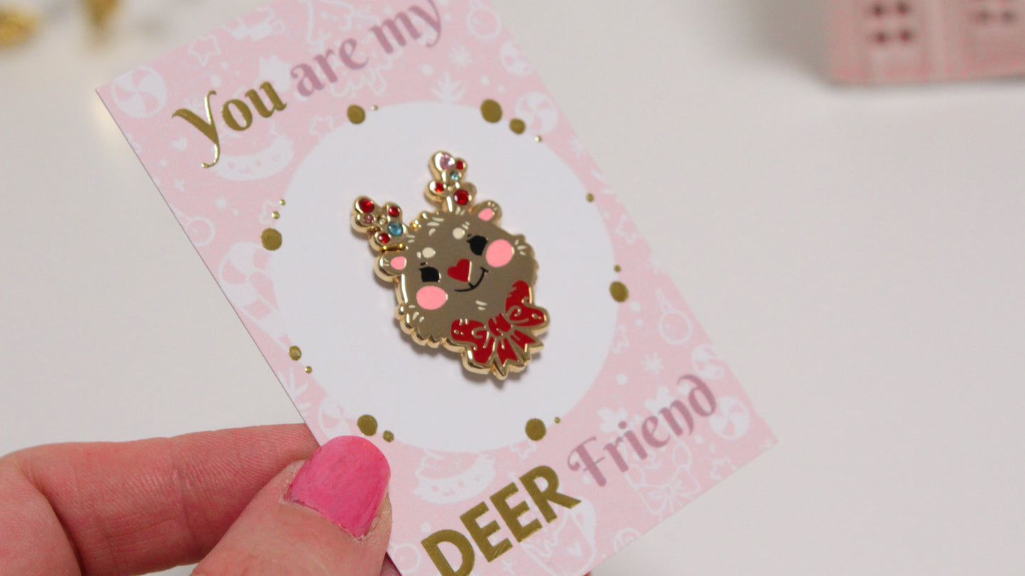 Reindeer enamel pin - Gold with colorful rhinestones - For a bright Christmas Party - Charenji