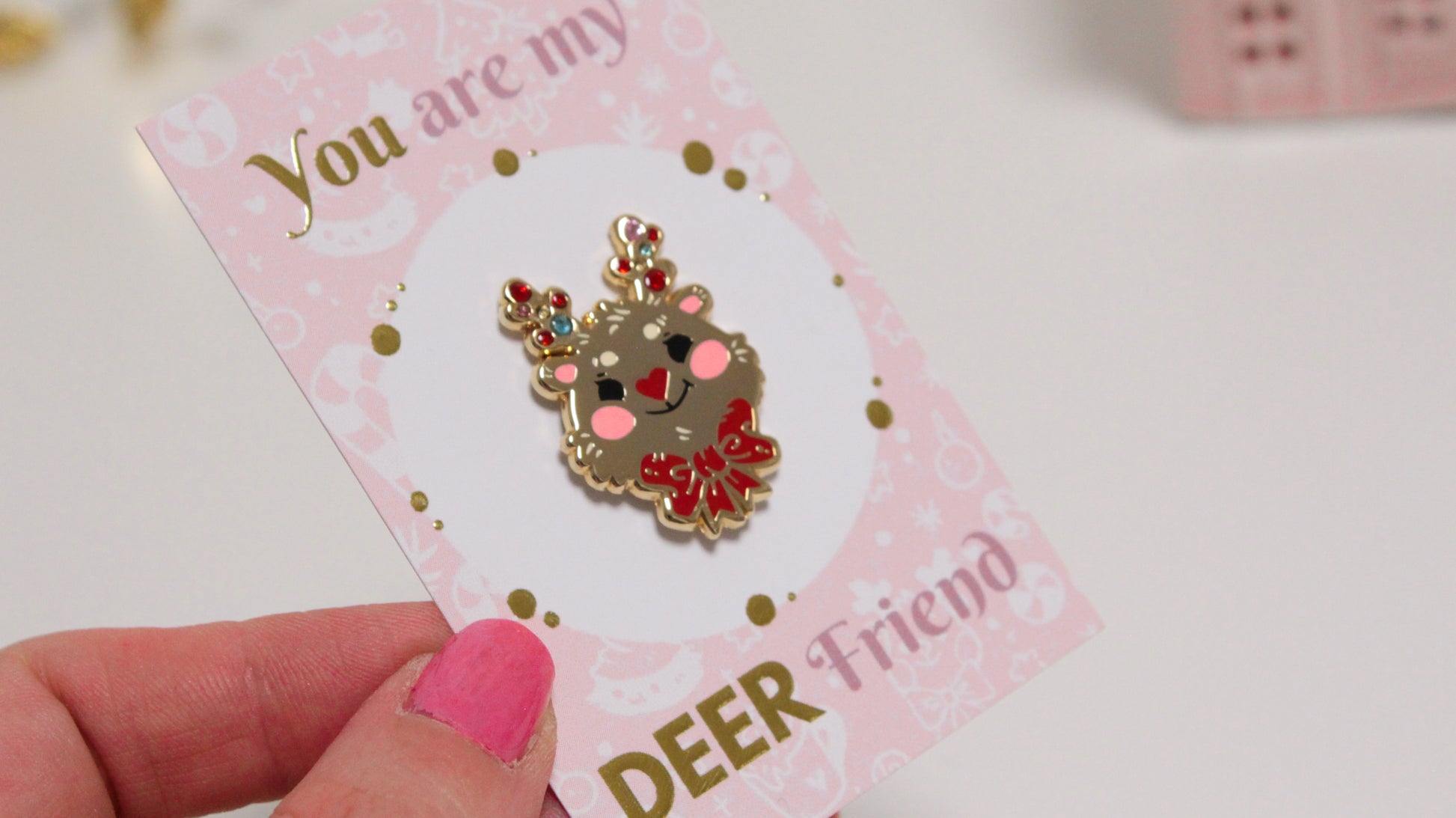 Reindeer enamel pin - Gold with colorful rhinestones - For a bright Christmas Party - Charenji