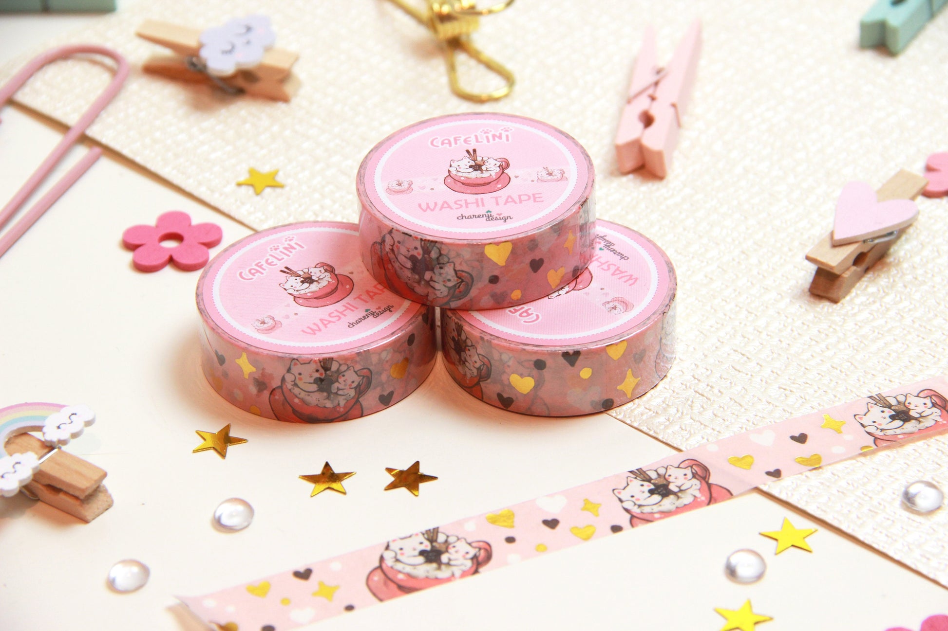 Pink Cafelini Washi Tape with golden hearts - Cute Cappuccino Cats - Charenji