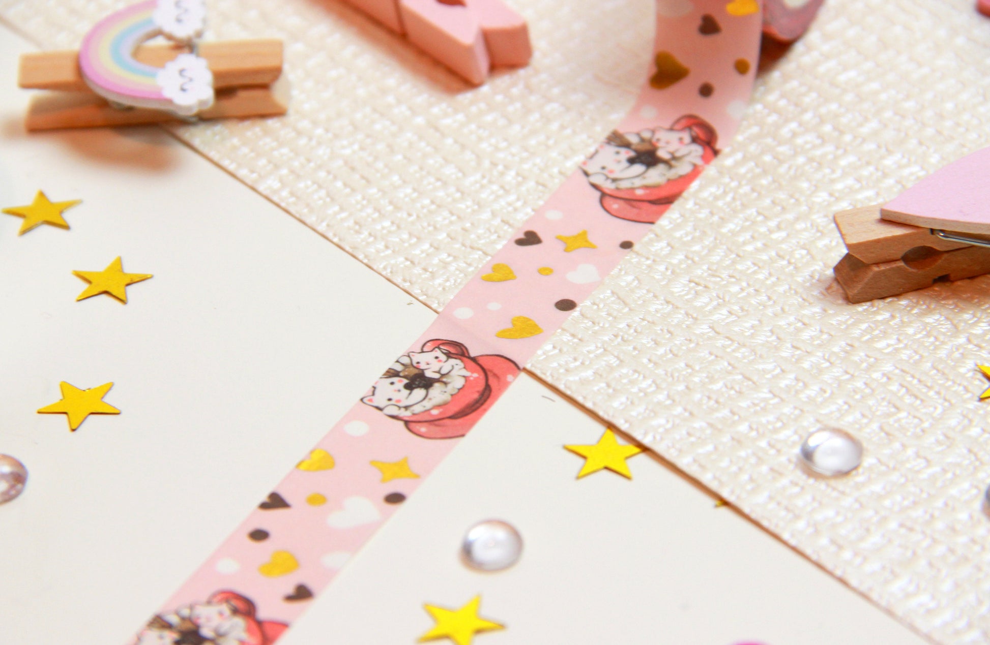 Pink Cafelini Washi Tape with golden hearts - Cute Cappuccino Cats - Charenji