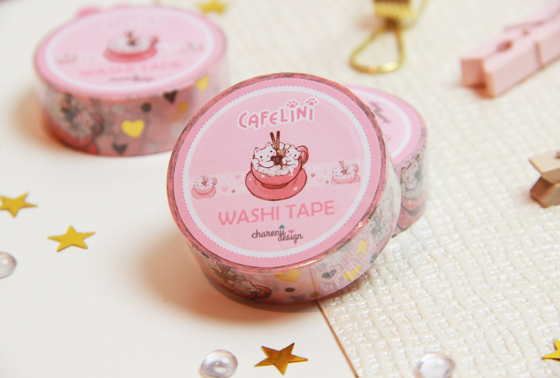 Pink Cafelini Washi Tape with golden hearts - Cute Cappuccino Cats - Charenji