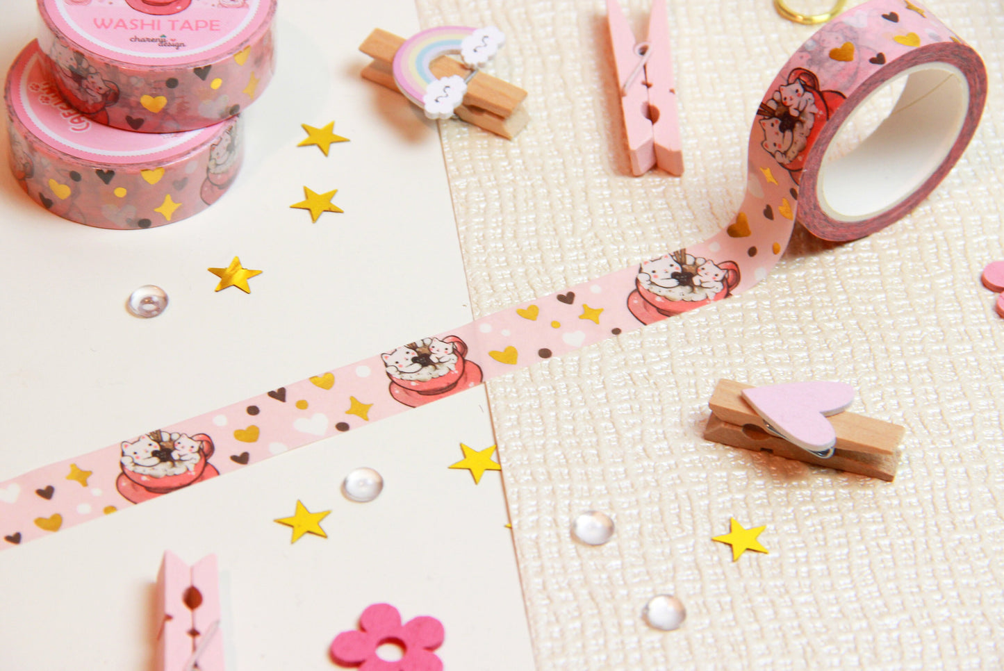 Pink Cafelini Washi Tape with golden hearts - Cute Cappuccino Cats - Charenji