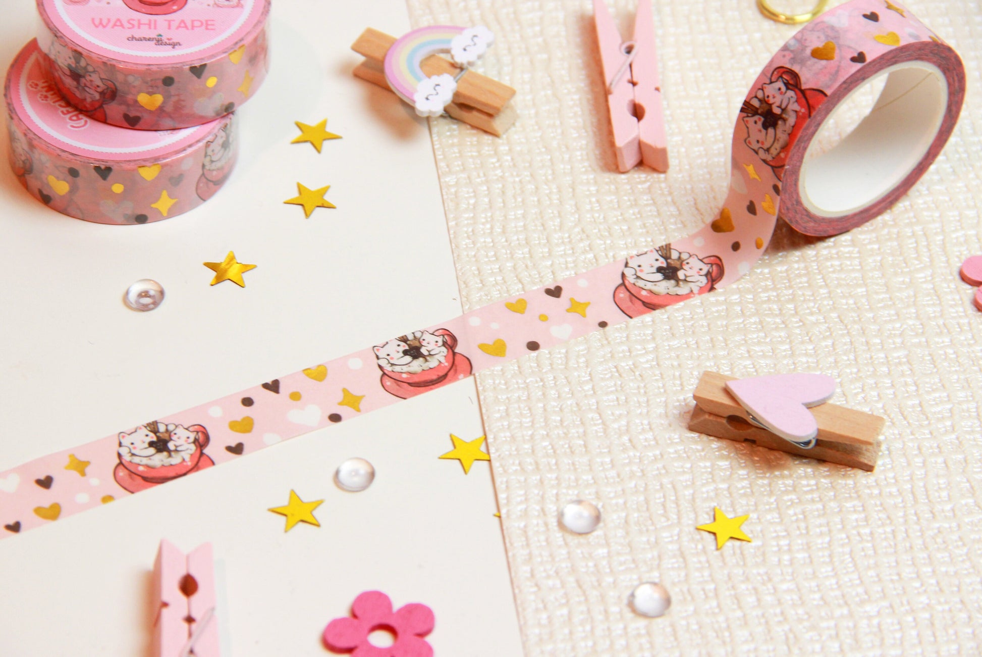Pink Cafelini Washi Tape with golden hearts - Cute Cappuccino Cats - Charenji