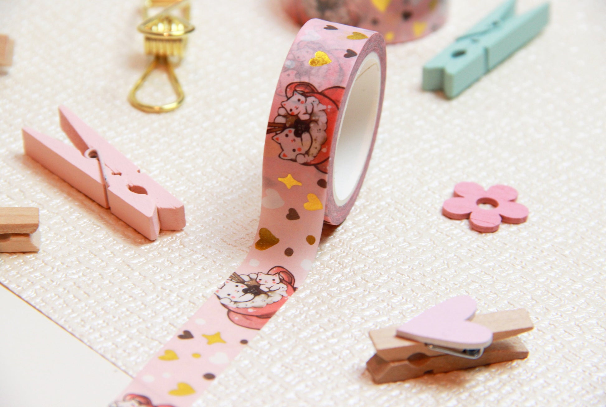 Pink Cafelini Washi Tape with golden hearts - Cute Cappuccino Cats - Charenji