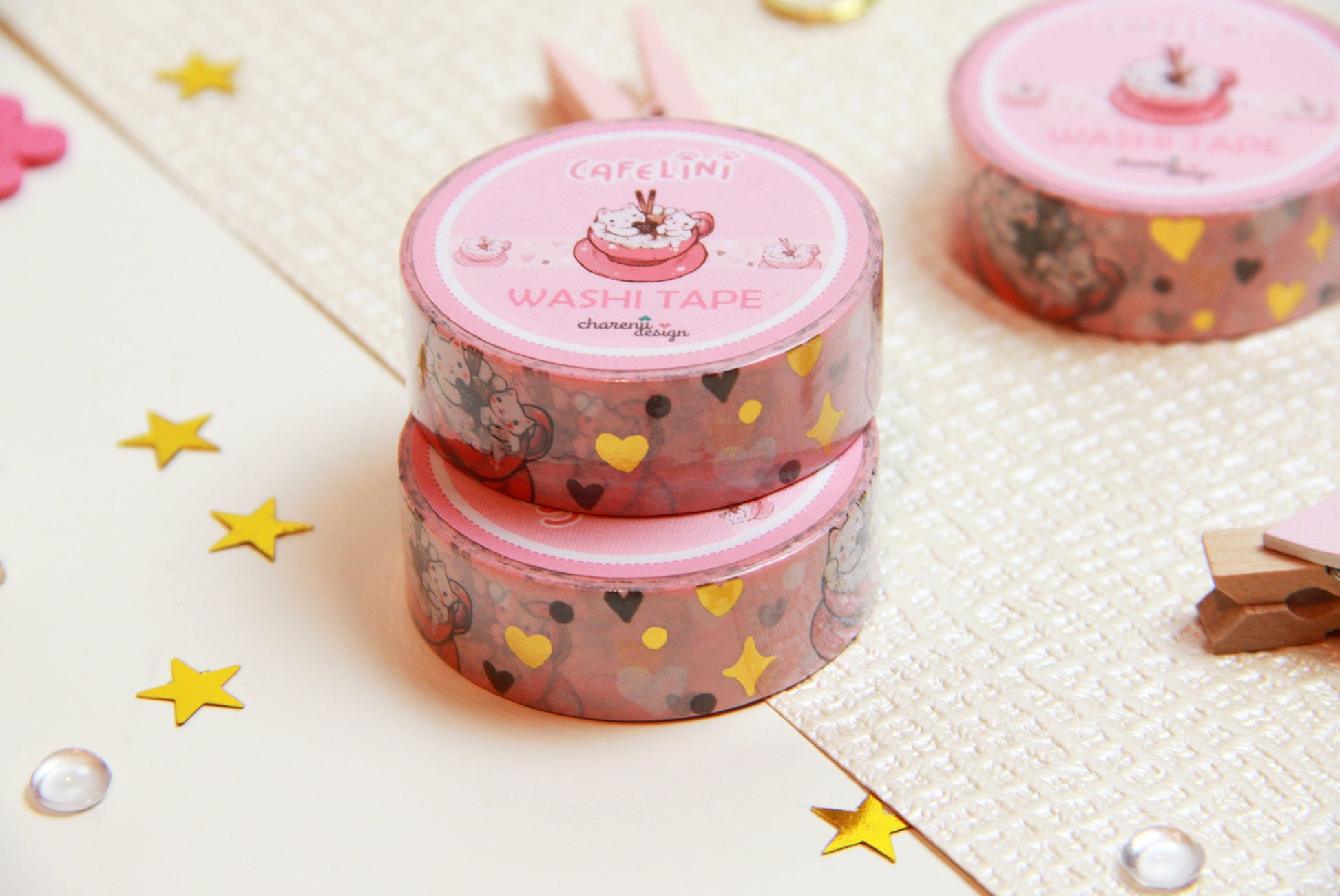 Pink Cafelini Washi Tape with golden hearts - Cute Cappuccino Cats - Charenji
