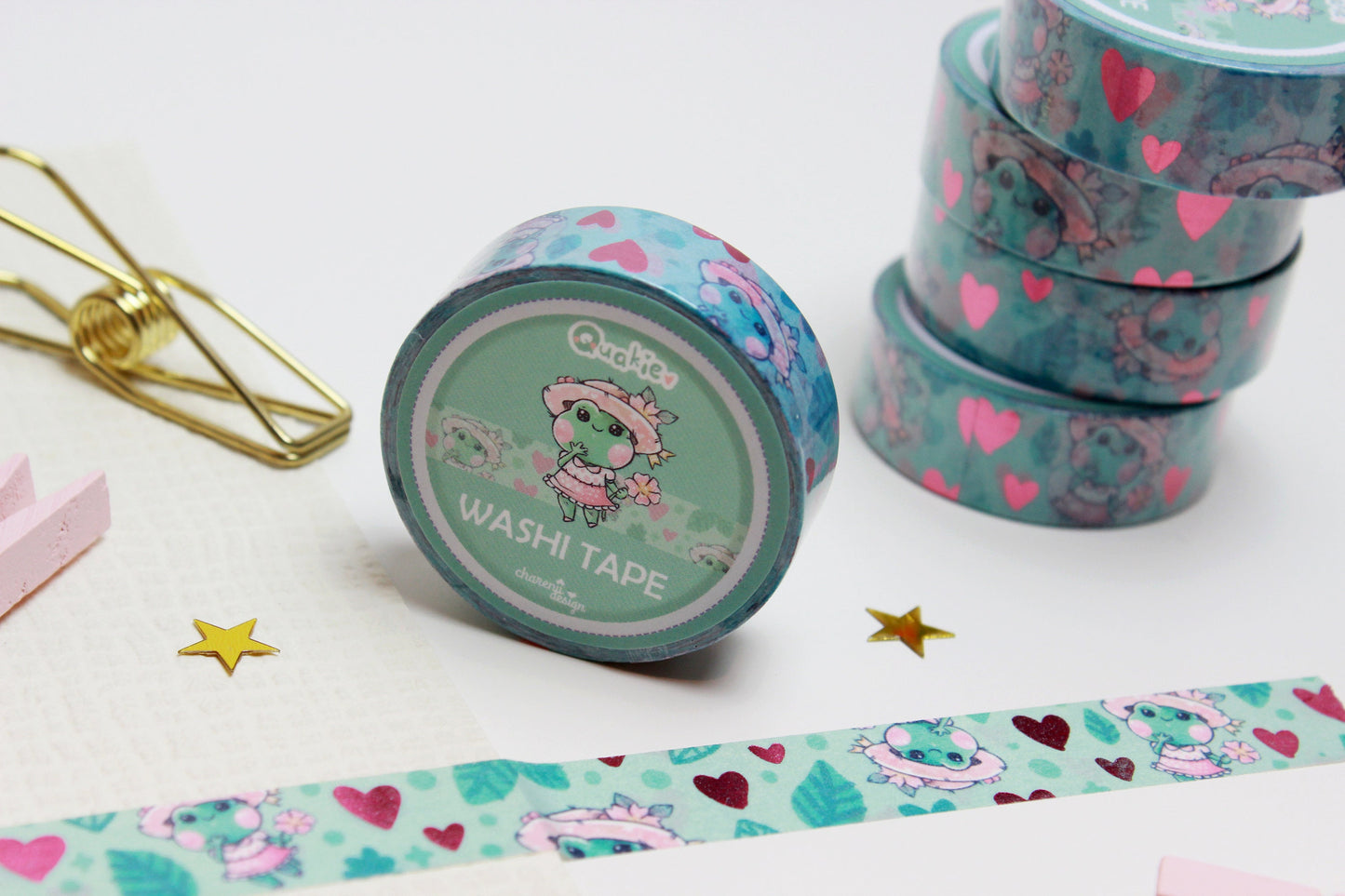 Green "Quakie the frog" Washi Tape with pink metal hearts - Charenji