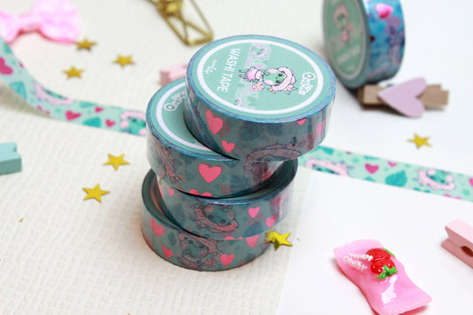 Green "Quakie the frog" Washi Tape with pink metal hearts - Charenji