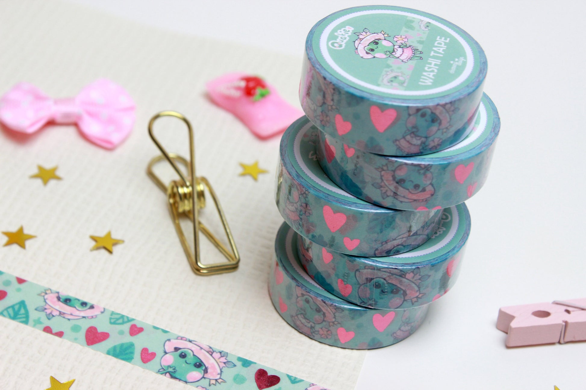 Green "Quakie the frog" Washi Tape with pink metal hearts - Charenji