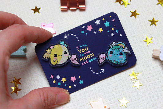 Cute gift - Moonie and Earth - I love you to the moon and back - Acrylic Pins set - 2 pcs. - Charenji