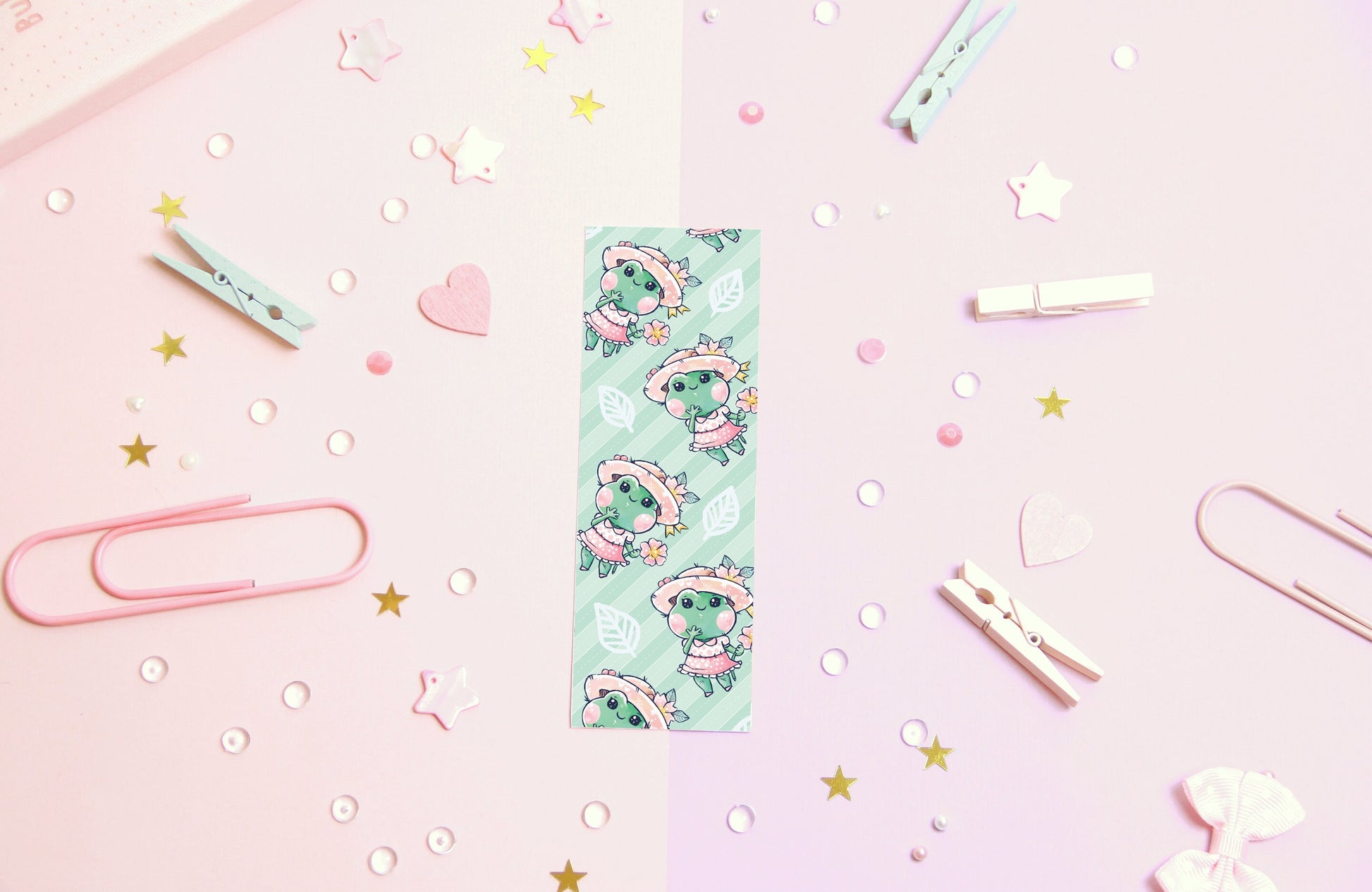 Paper Bookmark cute frog "Quakie loves Spring" - Charenji
