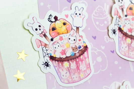 Adorable Halloween Cupcake - Paper or Vinyl STICKER - Charenji