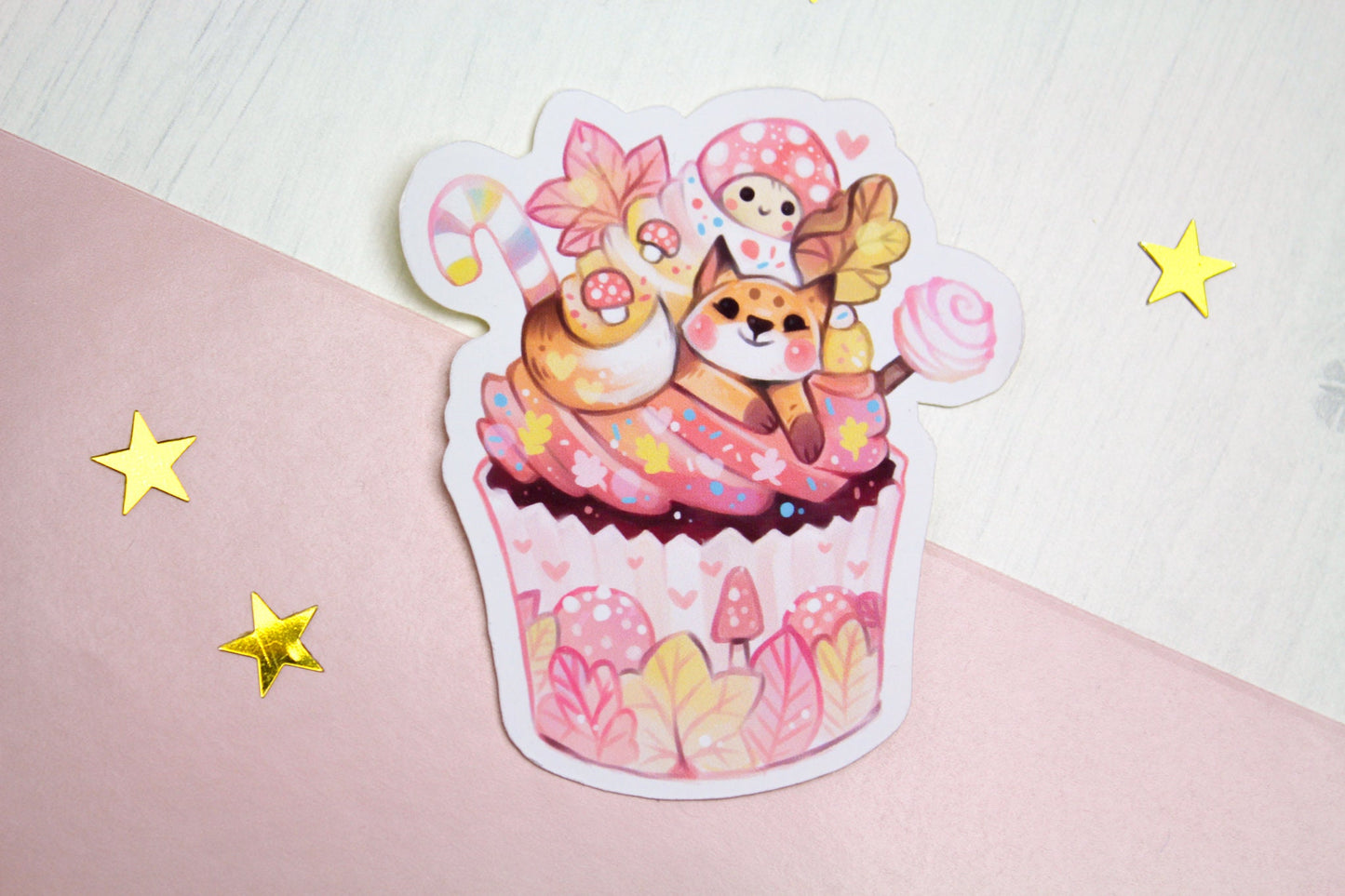 Autumn Cupcake with Baby Fox - Paper or Vinyl STICKER - Charenji