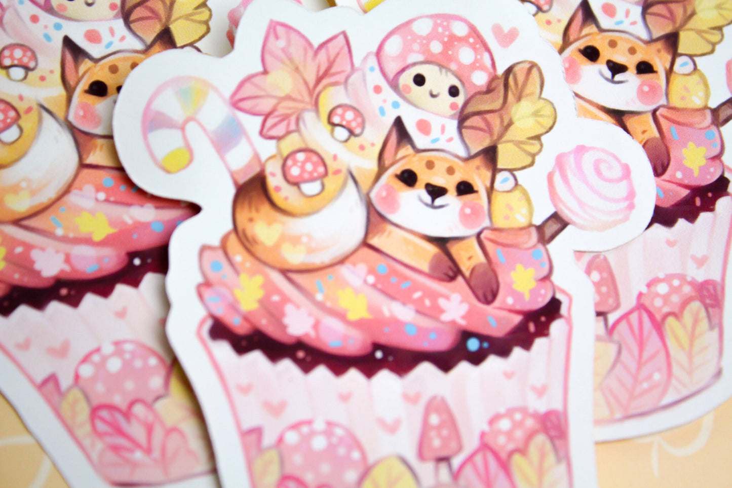 Autumn Cupcake with Baby Fox - Paper or Vinyl STICKER - Charenji