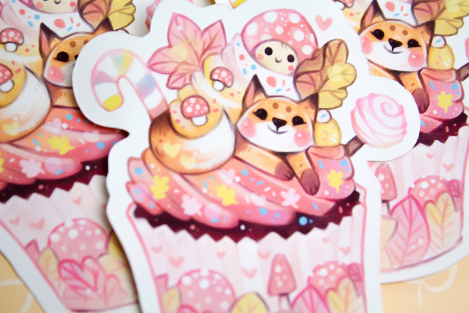 Autumn Cupcake with Baby Fox - Paper or Vinyl STICKER - Charenji