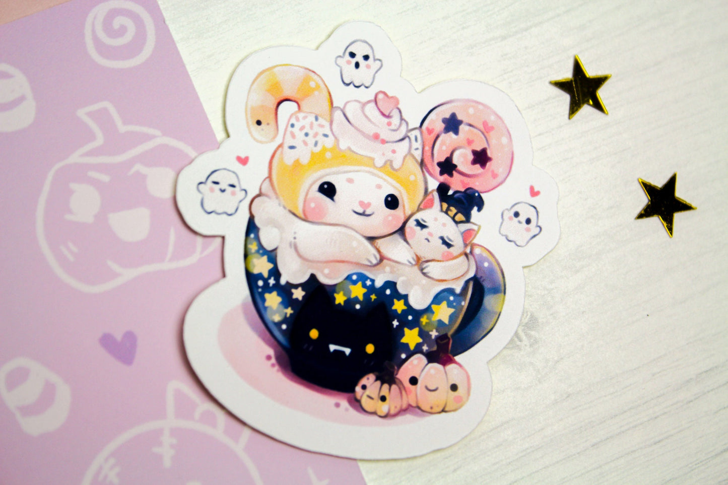 Adorable "CAFELINI" Halloween mug - Paper or Vinyl STICKER - Charenji