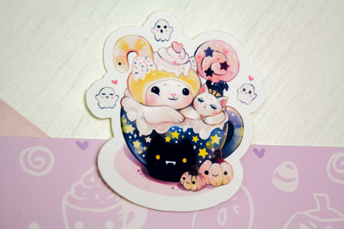 Adorable "CAFELINI" Halloween mug - Paper or Vinyl STICKER - Charenji